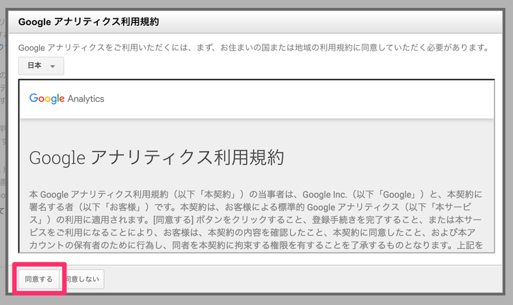 Googleアナリティックス利用規約同意画面