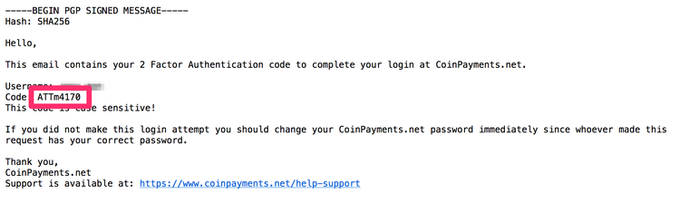 Coinpayments 2FAメール