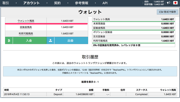 BitMEX テストネットウォレット入金確認