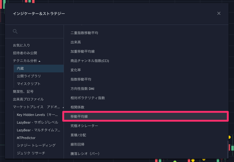 TradingView 単純移動平均線【SMA:Simple Moving Average】メニュー