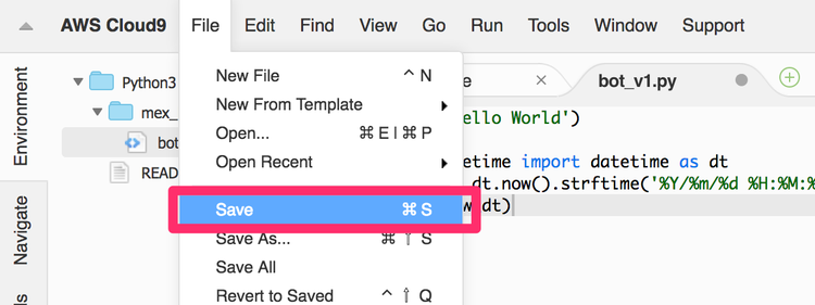 aws Cloud9 ファイルの保存