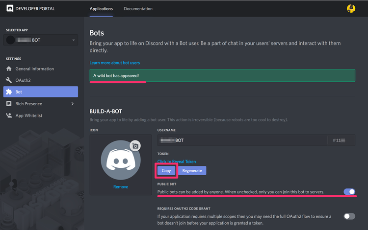 Discord Botの登録 トークンのコピー