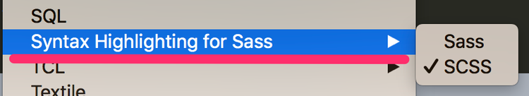 Syntax Highlighting for Sass 設定メニュー